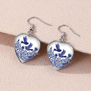 Blue And White Porcelain Style Blue Bird Heart Dangle Earrings Stainless Steel Glass Floral Retro Elegant Jewelry