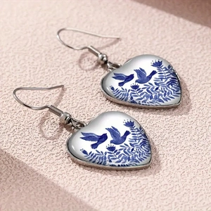 Silver stainless steel heart drop earrings with blue floral bird porcelain pattern
