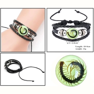 Luminous centipede insect leather bracelet with adjustable woven rope in four-view collage