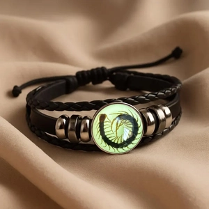 Gothic leather bracelet with luminous centipede pendant and adjustable black woven cord