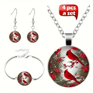 Red Cardinal Bird Floral Jewelry Necklace Hook Earrings Bracelet Alloy Glass Round Cabochon Cute Winter Gift