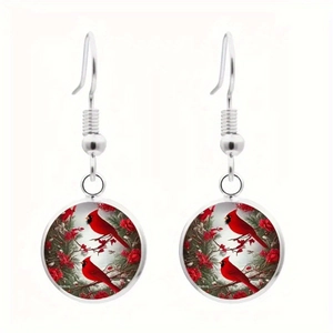 Silver drop earrings featuring red love birds in a snowy winter nature glass pendant