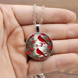 Red Cardinal bird time gem necklace and earrings set with silver chain jewelry gift
