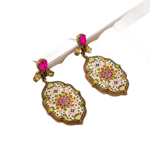 Vintage bohemian mandala flower drop earrings with pink gems in antique gold finish