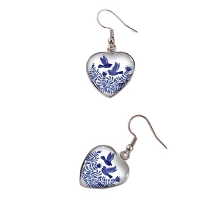 Blue bird floral heart-shaped drop earrings in stainless steel with porcelain patterns