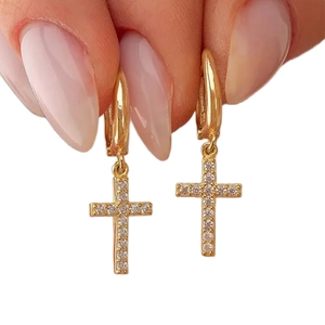 Golden stainless steel hoop earrings with cross pendants inlaid with white cubic zirconia