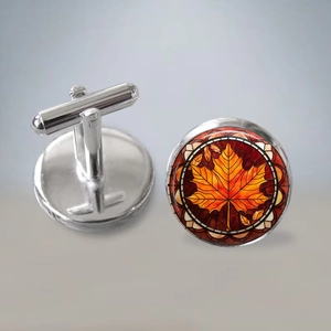 Vintage maple leaf cufflinks with glass gemstone in polished silver metal for weddings
