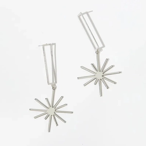 Silver geometric tassel earrings with long rectangular link and eight-pointed star pendant