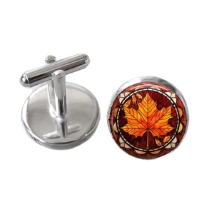 Vintage silver maple leaf cufflinks for men weddings with glass cabochon finish