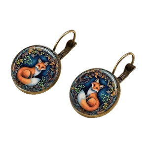 Pendientes vintage de bronce con motivos artísticos de zorros bajo cabujón de vidrio
