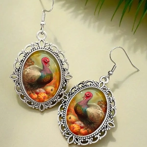 Vintage silver scalloped earrings with Thanksgiving turkey and pumpkin glass pendant