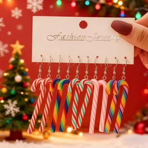 Christmas Candy Cane Drop Earrings Polymer Clay Striped Rainbow Dangle Earrings For Women Holiday Party Jewelry