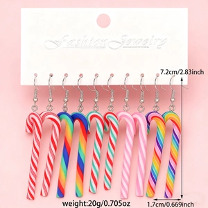 Detailed view of colorful candy cane drop earrings with dimensions of 7.2cm length