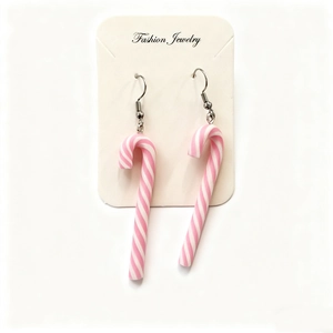 Detail of cute pink and white striped candy cane drop earrings on a jewelry card