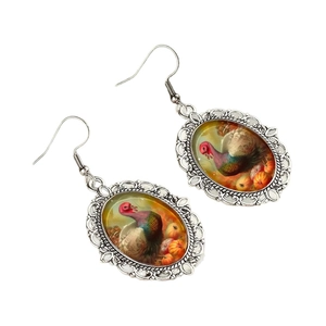 Scalloped Thanksgiving earrings with silver filigree and festive turkey pumpkin charm