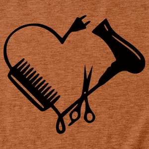 Detail des Friseur-Herzprints mit Schere und Kamm auf orangefarbenem Stoff