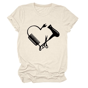 Detail der Haarstylist-Werkzeuge als Herz auf beigem Rundhals-Baumwoll-T-Shirt für Damen