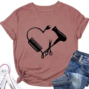 Damen T-Shirt Baumwollmischung Locker Lässig Rundhals Herz Friseur Werkzeuge Druck Für Friseure Stylisten
