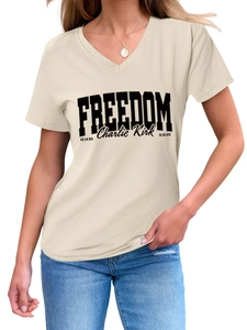 Detail of V-neck cotton T-shirt featuring Freedom and Charlie Kirk text print in beige