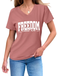 Detail of V-neck cotton T-shirt featuring FREEDOM and Charlie Kirk graphic print