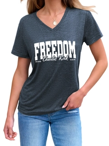 Detail of V-neck short sleeve T-shirt in charcoal grey with white Freedom graphic