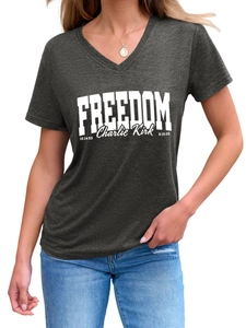 Detail of V-neck short sleeve T-shirt with white FREEDOM and Charlie Kirk print