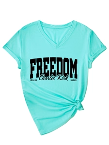 Detail of V-neck mint green t-shirt with freedom text print and stylish front knot