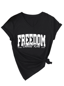 Detail of V-neck cotton T-shirt with Freedom Charlie Kirk print and stylish side knot