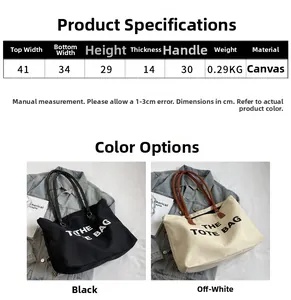 Detailed size specifications for canvas tote bag showing dimensions and handle length