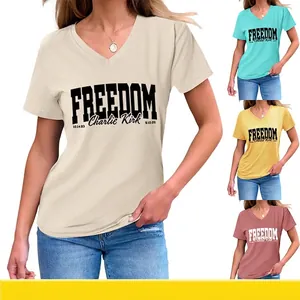 Women Casual V Neck Short Sleeve T-Shirt Cotton Blend Freedom Charlie Kirk Letter Print Loose Summer Slogan Top