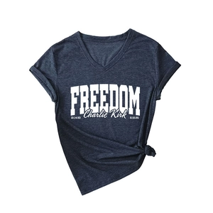 Heather navy V-neck T-shirt with Freedom Charlie Kirk print and stylish side-knot detail