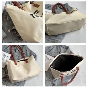 Detailed views of the off-white canvas tote bag with brown handles and inner pocket