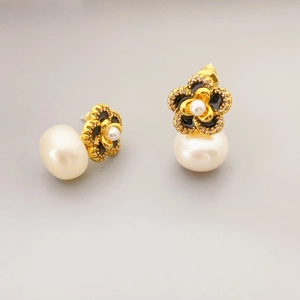 Camellia Flower Stud Earrings With Freshwater Pearl Enamel Zircon Brass For Women With 925 Sterling Silver Earring Post