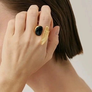 French luxury 18K gold plated ring with black onyx and asymmetrical metal plate
