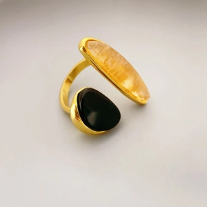 18K gold plated ring featuring natural smoky quartz and black onyx gemstones