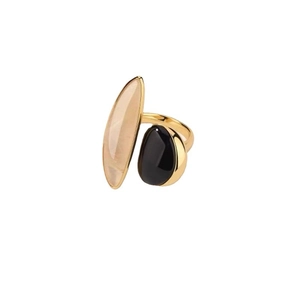 18K gold plated ring with asymmetric raw smoky quartz and black onyx gemstones