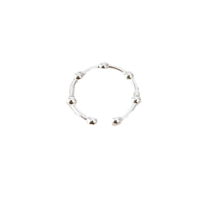 Minimalist silver beaded open ring with adjustable band and polished spheres