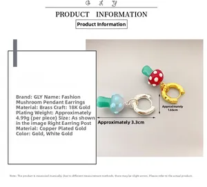 Detailed size specifications of 18K gold plated brass mushroom earrings with resin charm