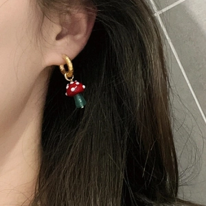 Fashionable colorful mushroom pendant hoop earrings with red cap and green stem
