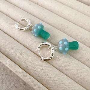 Creative blue polka dot mushroom drop earrings with silver hammered texture hoops