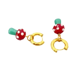 Chic red and white polka dot mushroom drop earrings with gold hoops on white background