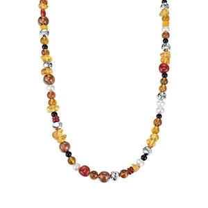 Cultured pearl and amber agate beaded necklace with vintage silver accents on white