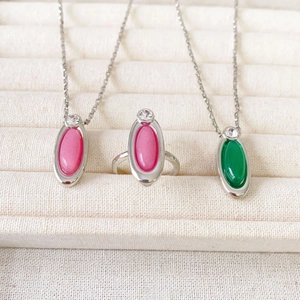 Retro Ovaler Grüner Chalcedon Rosa Achat Halskette Und Ring Kupfer Versilbert Eleganter Schmuck Für Damen Mit Strass