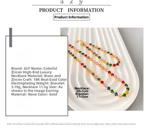 Detailed specs of 18K gold-plated necklace and bracelet set with colorful zircon stones