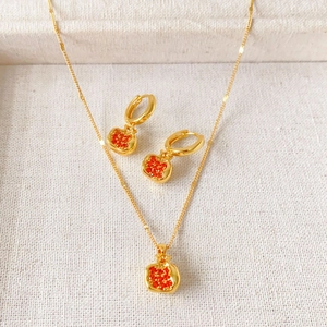Granatapfel Schmuck Halskette Huggie Ohrringe Kupfer Roter Zirkonia Anhänger Vintage Elegant Damen Accessoire