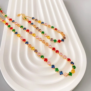 Fashion Colorful Square Zircon Necklace And Bracelet Copper Gold Plated Rainbow Trendy Minimalist Jewelry For Women