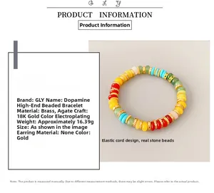 Detailed view of colorful agate beaded bracelet with gold plated brass and crystal spacers