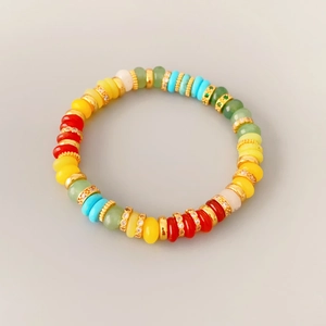 Colorful Agate Beaded Bracelet Brass 18K Gold Plated Zircon Spacers Elastic Bohemian Dopamine Style For Women Fashion