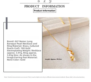 Close-up of golden baroque pearl necklace with 18K gold plating and sizing details