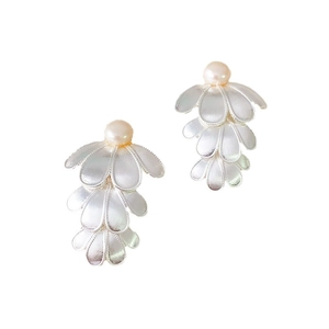 Elegant silver brushed petal earrings with fresh pink freshwater pearls on white background